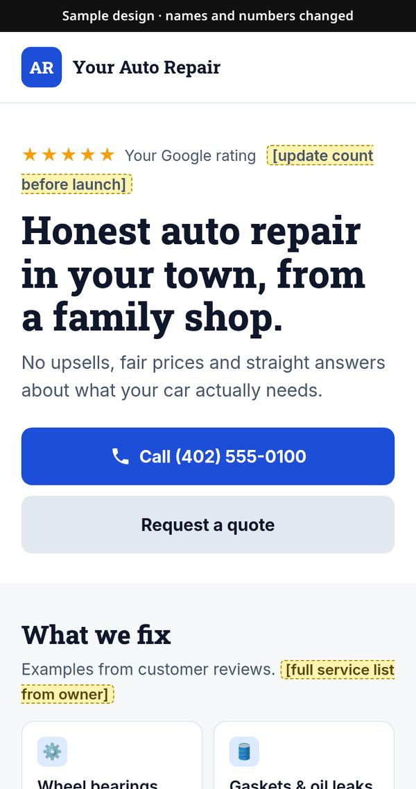 Example auto repair site with call and quote buttons