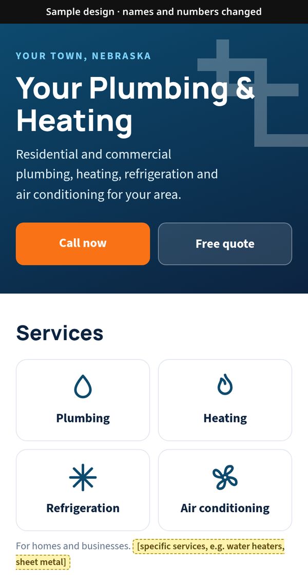 Example plumbing and heating site with call and free-quote buttons